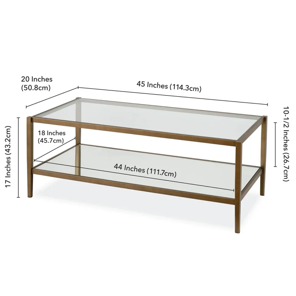Hera 45" Wide Rectangular Coffee Table with Mirror Shelf in Brass