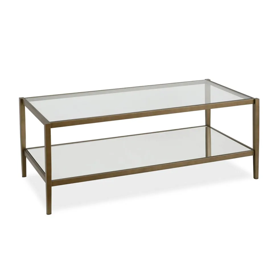 Hera 45" Wide Rectangular Coffee Table with Mirror Shelf in Brass
