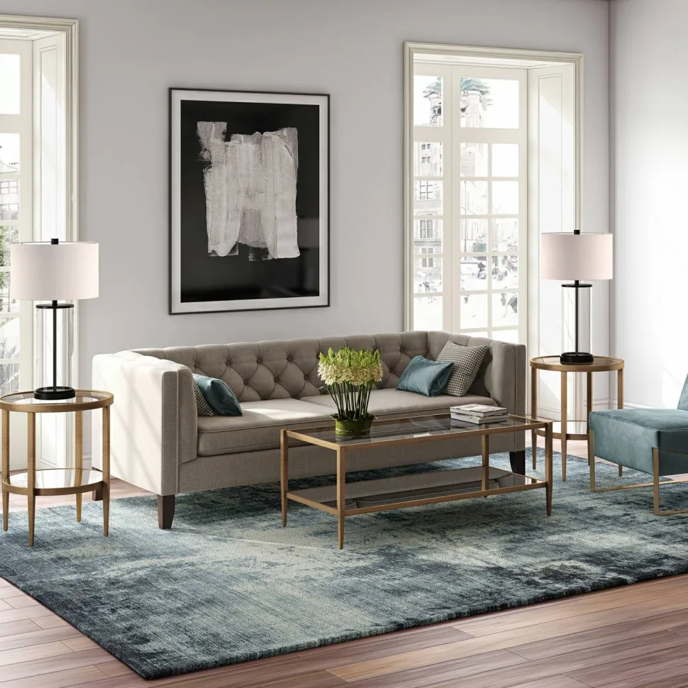 Hera 45" Wide Rectangular Coffee Table with Mirror Shelf in Brass