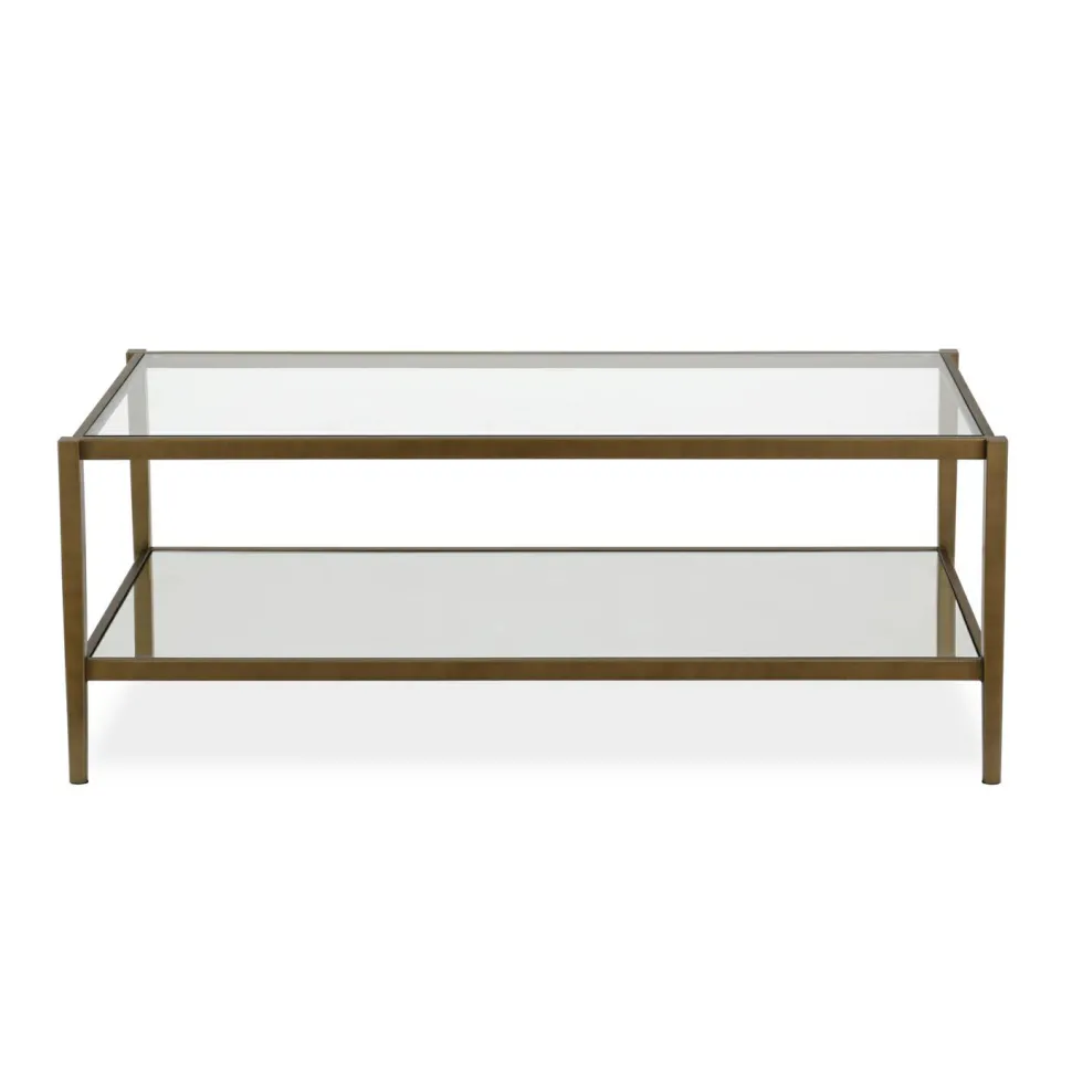 Hera 45" Wide Rectangular Coffee Table with Mirror Shelf in Brass