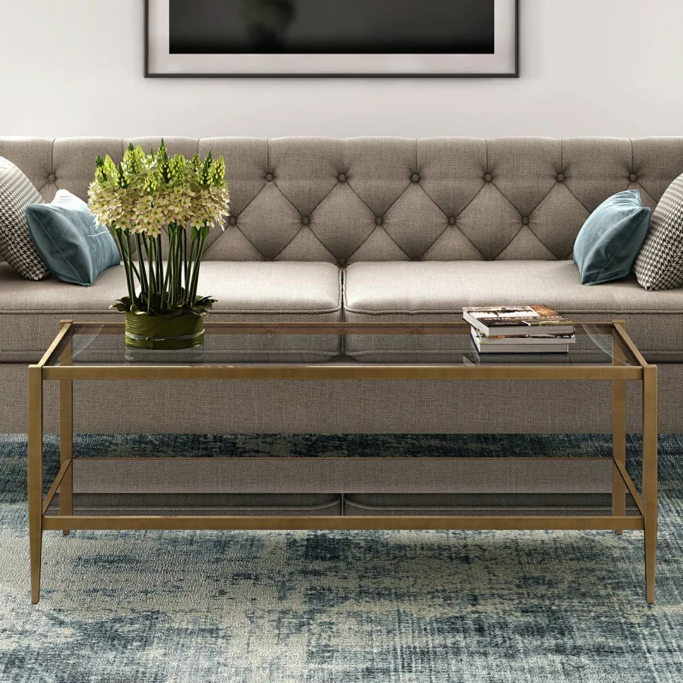 Hera 45" Wide Rectangular Coffee Table with Mirror Shelf in Brass