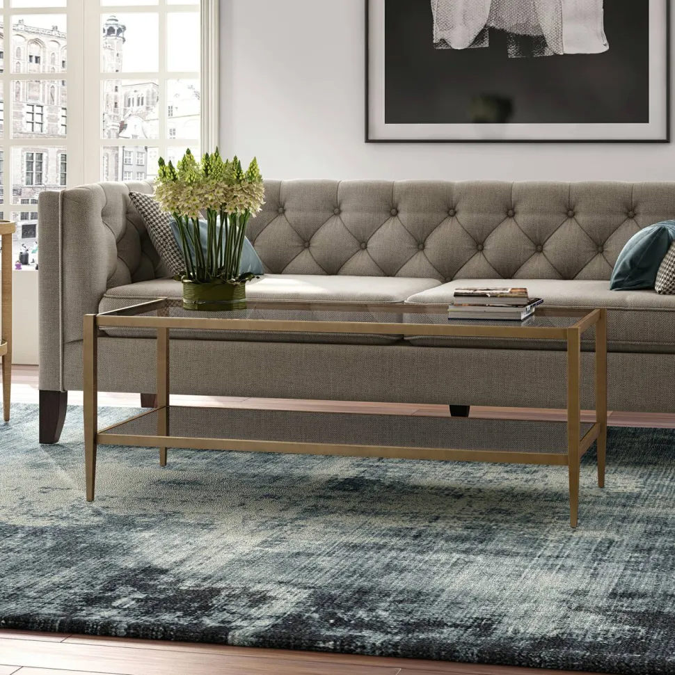 Hera 45" Wide Rectangular Coffee Table with Mirror Shelf in Brass