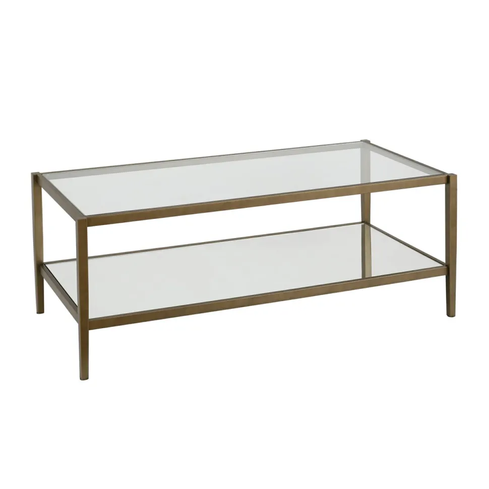 Hera 45" Wide Rectangular Coffee Table with Mirror Shelf in Brass