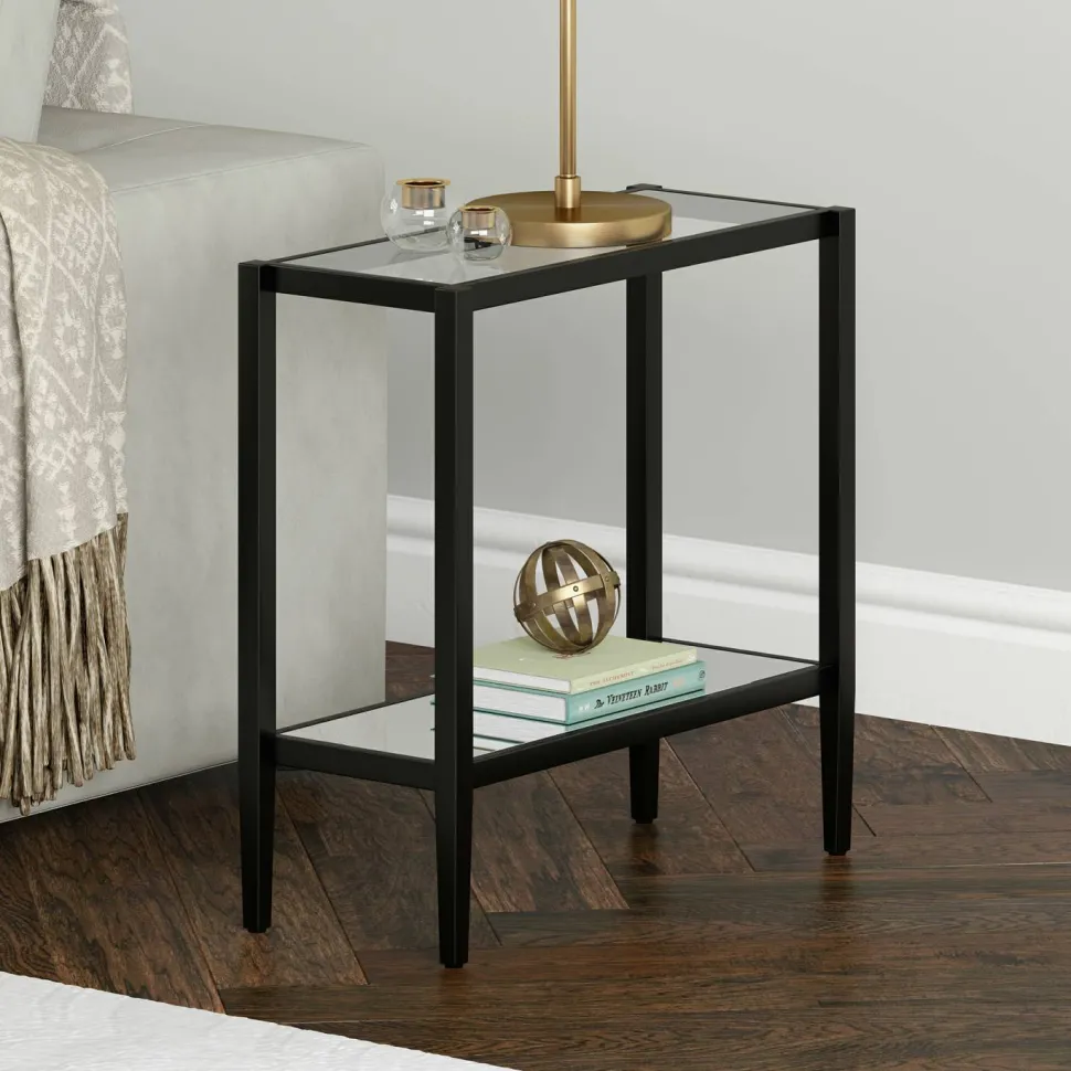 Hera 24" Wide Rectangular Side Table with Glass Shelf in Blackened Bronze