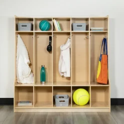 Hercules Wooden 5 Section School Coat Locker with Bench, Cubbies, and Storage Organizer Hook-Safe, Kid Friendly Design - 48"H x 48"L (Natural)