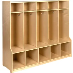 Hercules Wooden 5 Section School Coat Locker with Bench, Cubbies, and Storage Organizer Hook-Safe, Kid Friendly Design - 48"H x 48"L (Natural)
