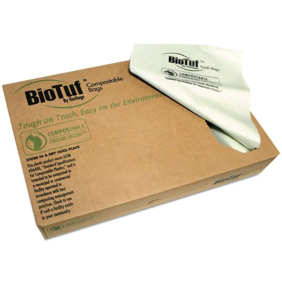 Heritage Biotuf Can Liners, 60 gal, 0.9 mil, 38" x 58", Green, 20 Bags/Roll, 5 Rolls/Carton