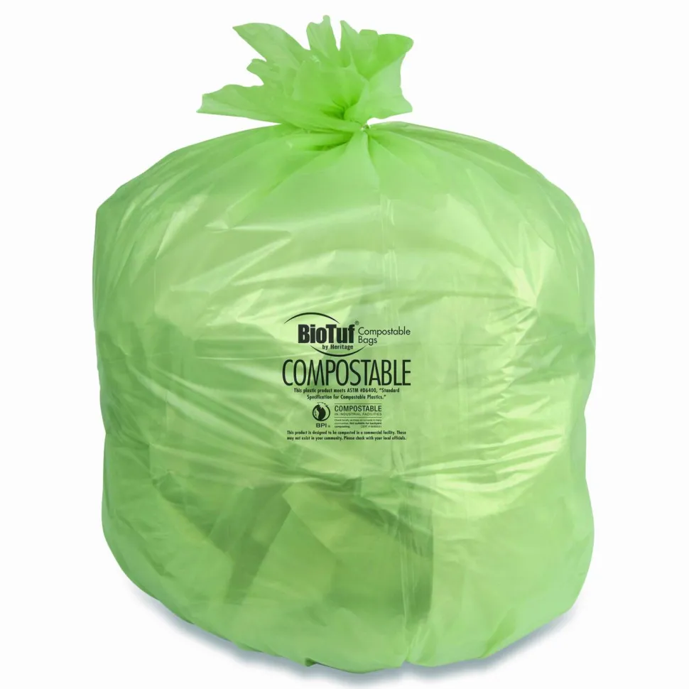 Heritage Biotuf Can Liners, 60 gal, 0.9 mil, 38" x 58", Green, 20 Bags/Roll, 5 Rolls/Carton