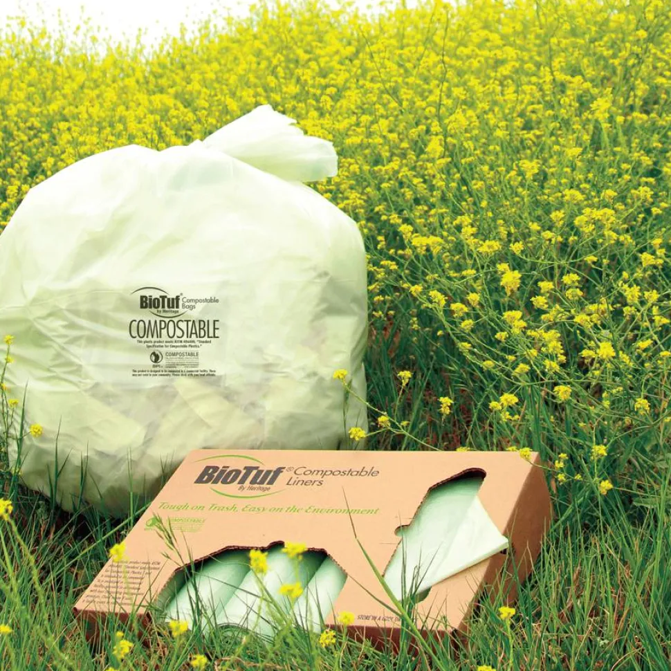 Heritage Biotuf Can Liners, 32 gal, 1 mil, 34" x 48", Green, 20 Bags/Roll, 5 Rolls/Carton