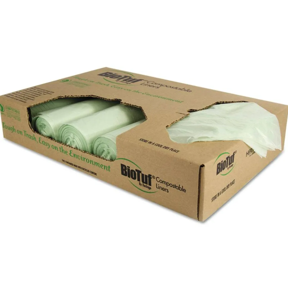 Heritage Biotuf Can Liners, 32 gal, 1 mil, 34" x 48", Green, 20 Bags/Roll, 5 Rolls/Carton