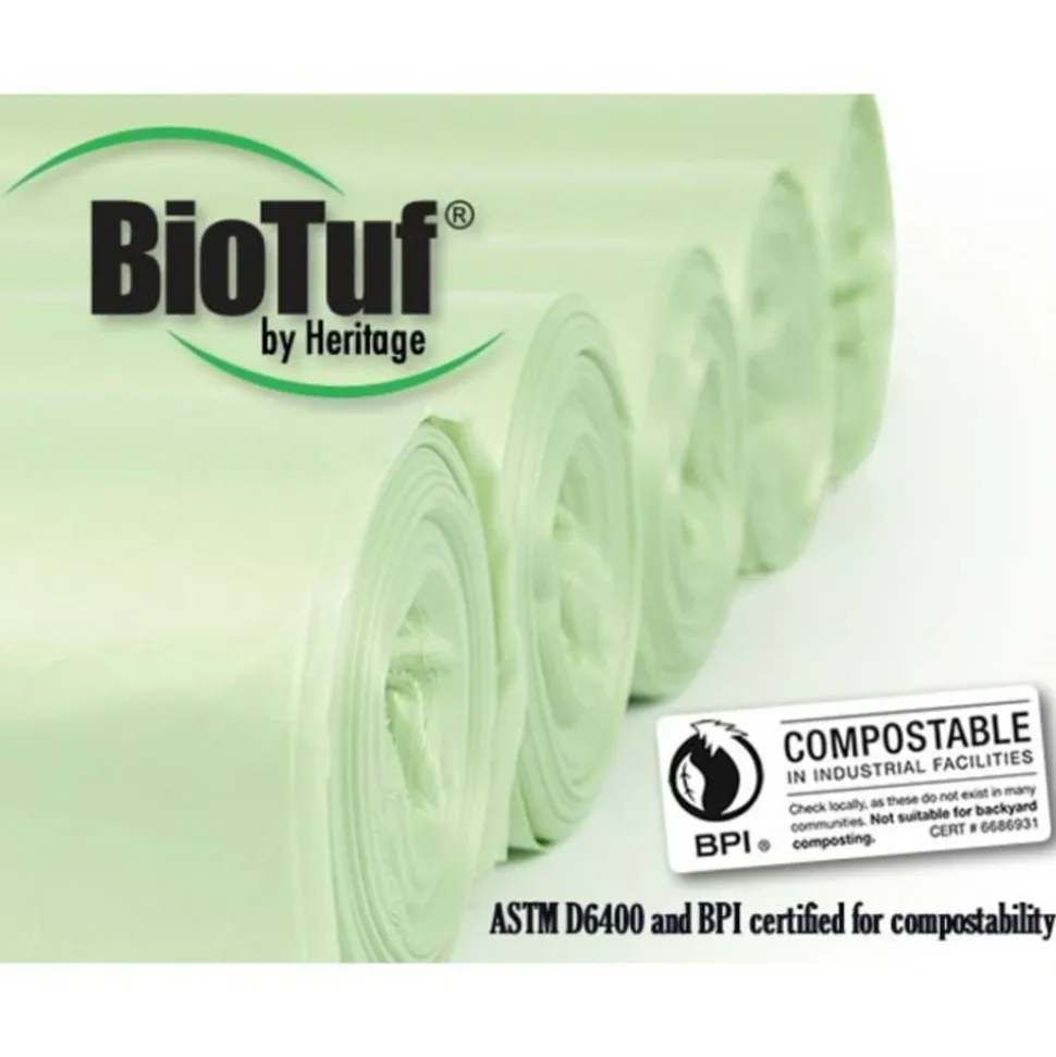 Heritage Biotuf Can Liners, 32 gal, 1 mil, 34" x 48", Green, 20 Bags/Roll, 5 Rolls/Carton
