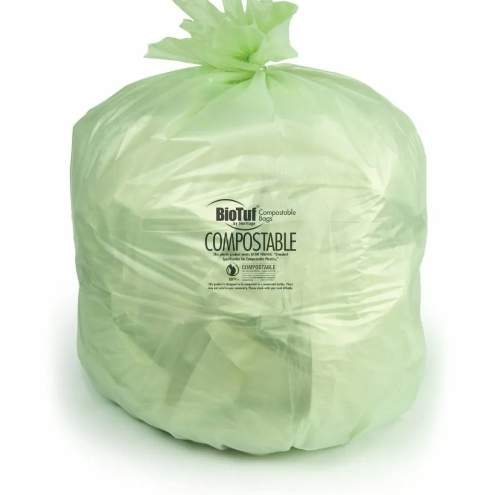 Heritage Biotuf Can Liners, 32 gal, 1 mil, 34" x 48", Green, 20 Bags/Roll, 5 Rolls/Carton