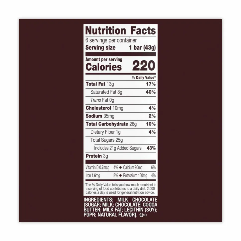 Hershey's Milk Chocolate Bar, 1.55 oz Bar, 6 Bars/Pack, 2 Packs/Box