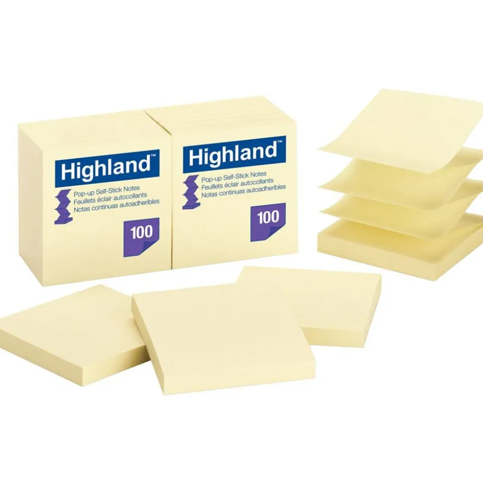 Highland Repositionable Pop-up Notes, 3" x 3", Yellow, 100 Sheets, 12 Pads