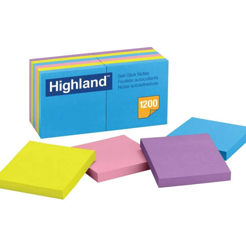 Highland Self-Stick Notes, 3" x 3", Assorted Bright Colors, 100 Sheets Per Pad, Pack Of 12 Pads