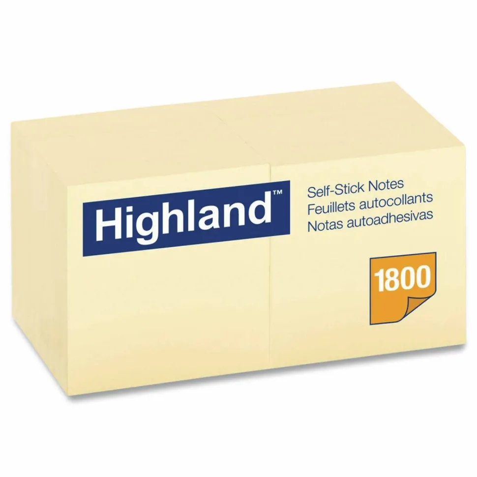 Highland Self-Stick Notes, 3" x 3", Yellow, 100 Sheets/Pad, 18 Pads/Pack