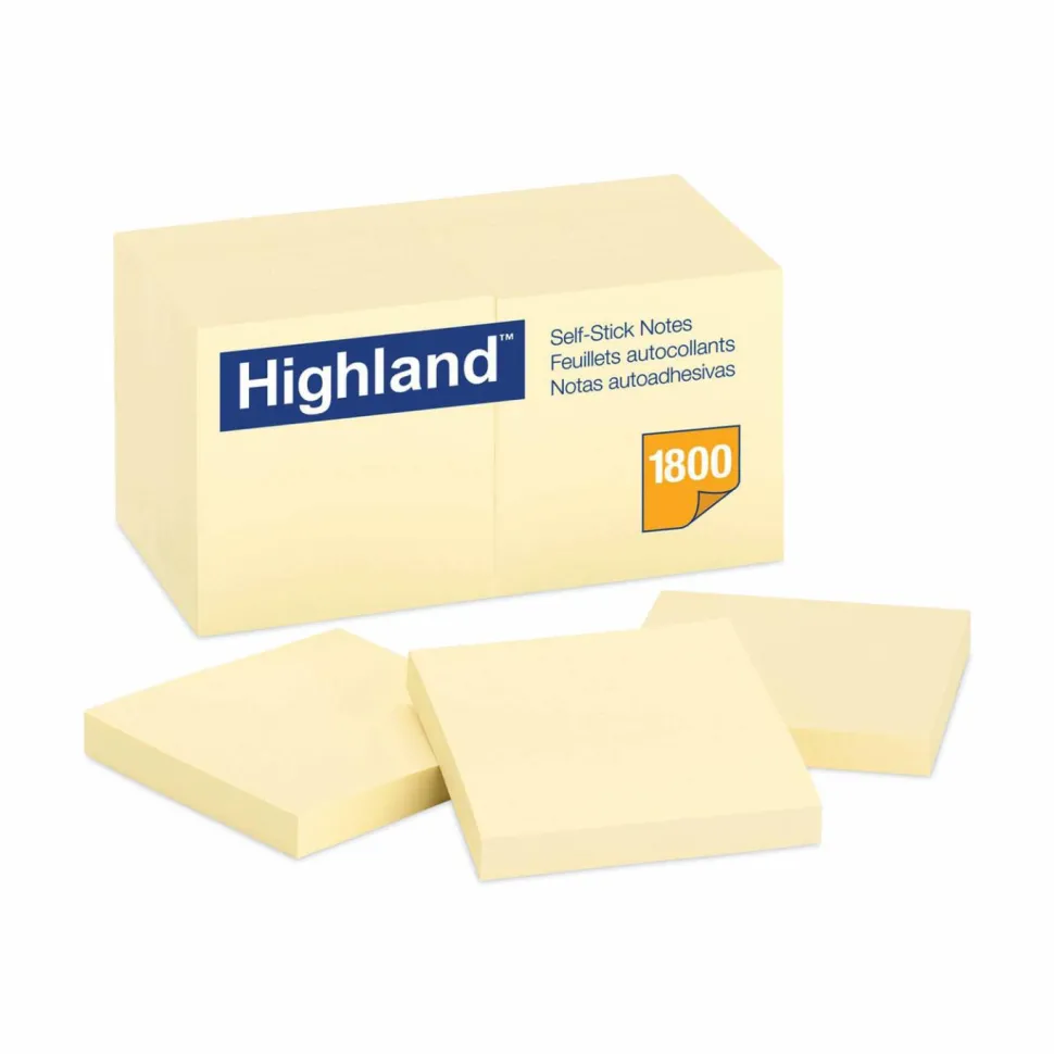 Highland Self-Stick Notes, 3" x 3", Yellow, 100 Sheets/Pad, 18 Pads/Pack