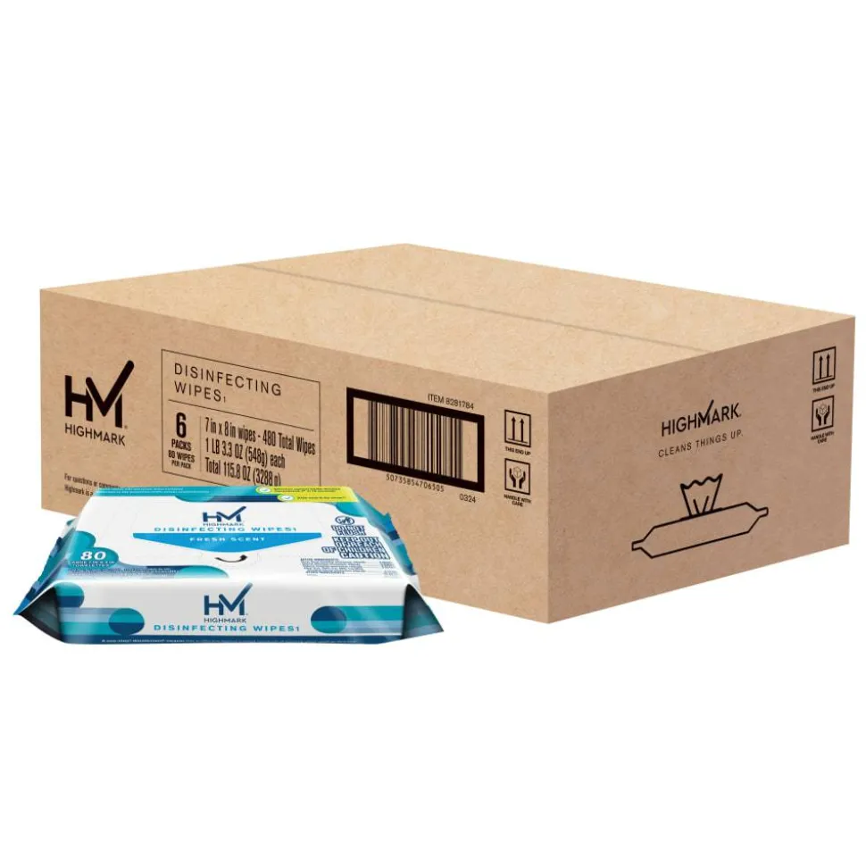 Highmark Disinfecting Wipes, Fresh Scent, 7" x 8", 80 Wipes Per Flat Pack, 100% Recycled, White, Case Of 6 Packs