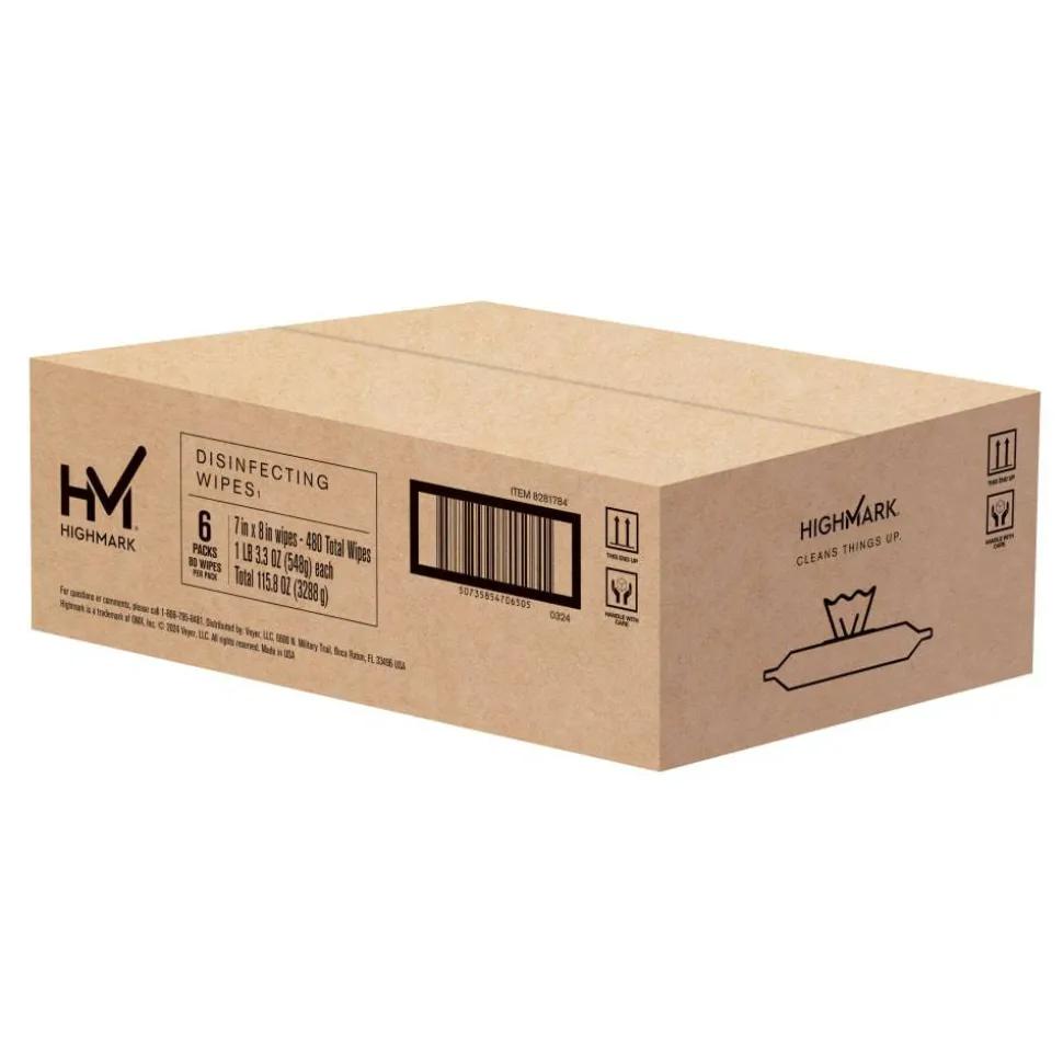 Highmark Disinfecting Wipes, Fresh Scent, 7" x 8", 80 Wipes Per Flat Pack, 100% Recycled, White, Case Of 6 Packs