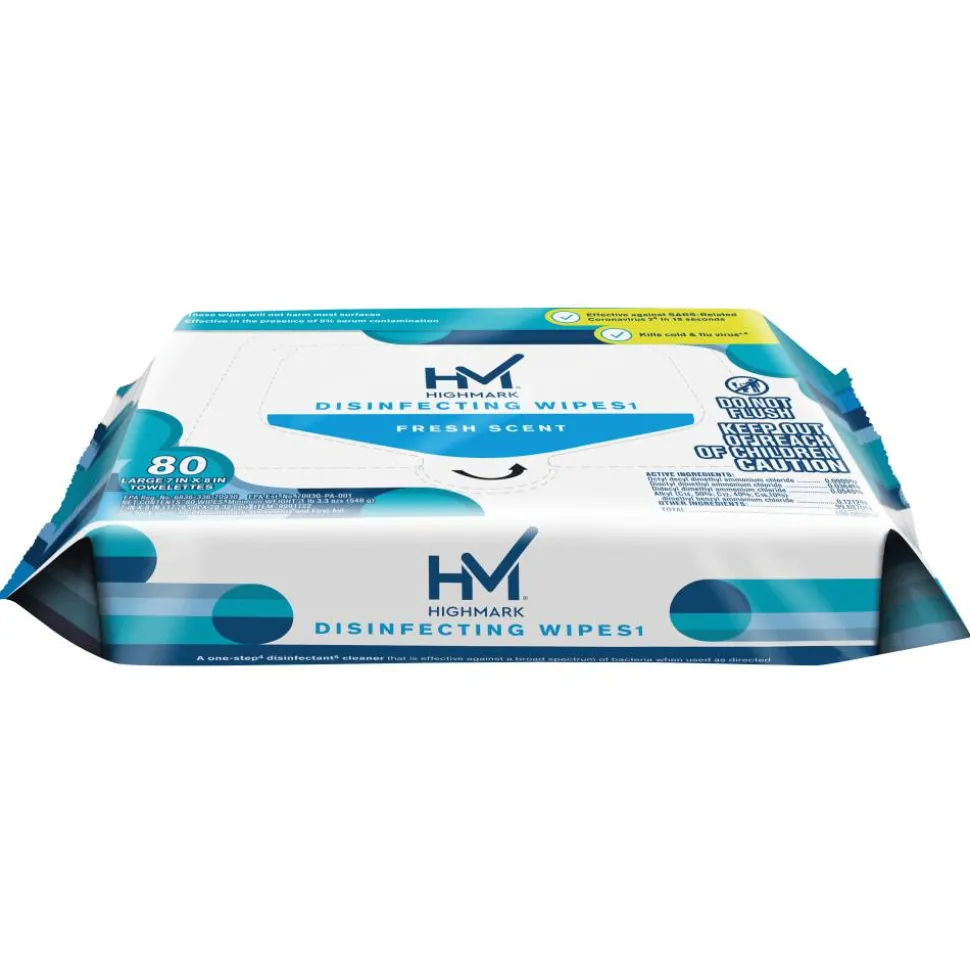 Highmark Disinfecting Wipes, Fresh Scent, 7" x 8", 80 Wipes Per Flat Pack, 100% Recycled, White, Case Of 6 Packs