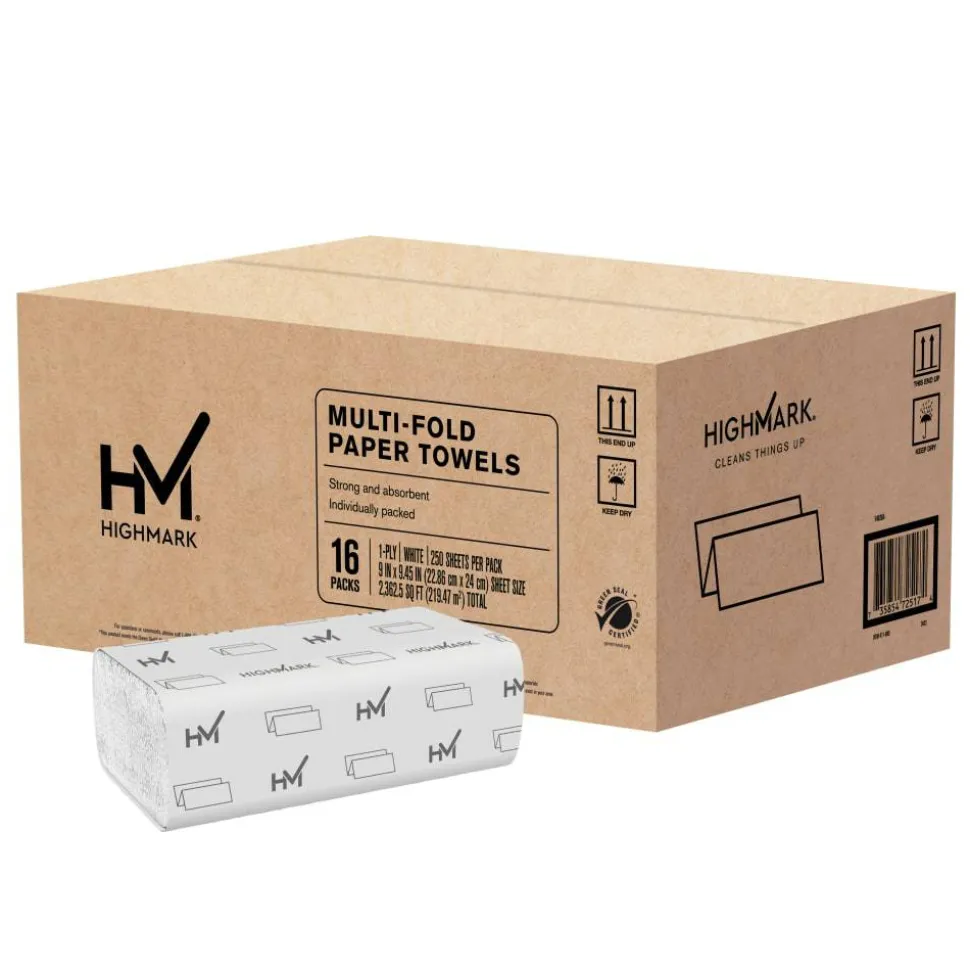 Highmark ECO Multi-Fold 1-Ply Paper Towels, 100% Recycled, White, 250 Sheets Per Pack, Case Of 16 Packs