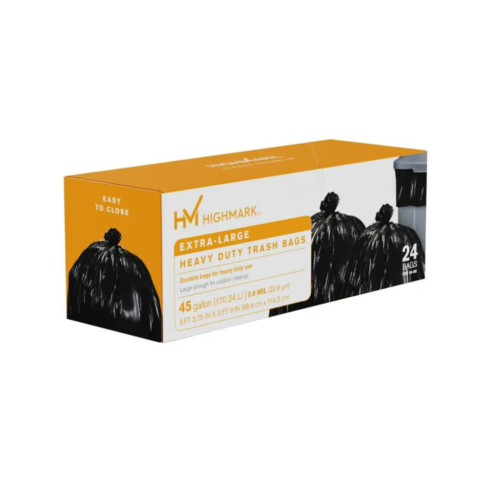 Highmark Heavy Duty 0.9 mil. Extra-Large Trash Bags, 45 Gallon, 45" x 38.75", Black, Box Of 24