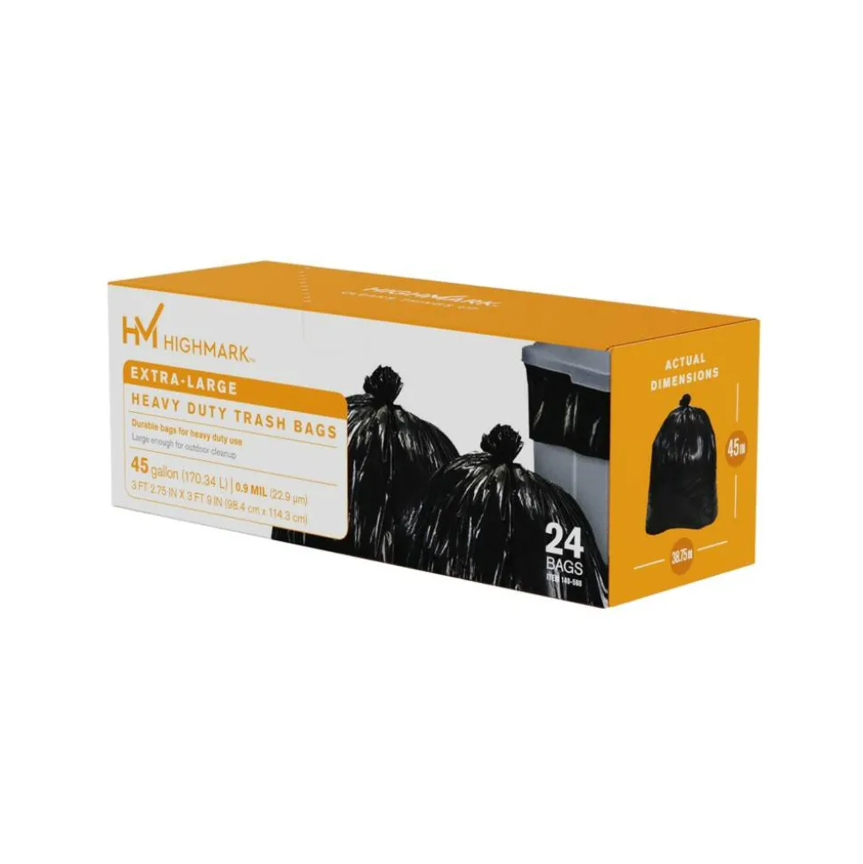 Highmark Heavy Duty 0.9 mil. Extra-Large Trash Bags, 45 Gallon, 45" x 38.75", Black, Box Of 24