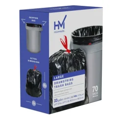 Highmark Large Drawstring Trash Bags, 0.7 mil, 33 Gallon, Black, Box Of 70 Bags