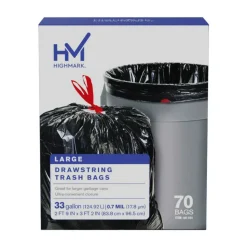 Highmark Large Drawstring Trash Bags, 0.7 mil, 33 Gallon, Black, Box Of 70 Bags