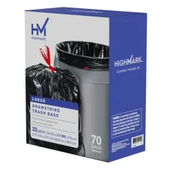 Highmark Large Drawstring Trash Bags, 0.7 mil, 33 Gallon, Black, Box Of 70 Bags