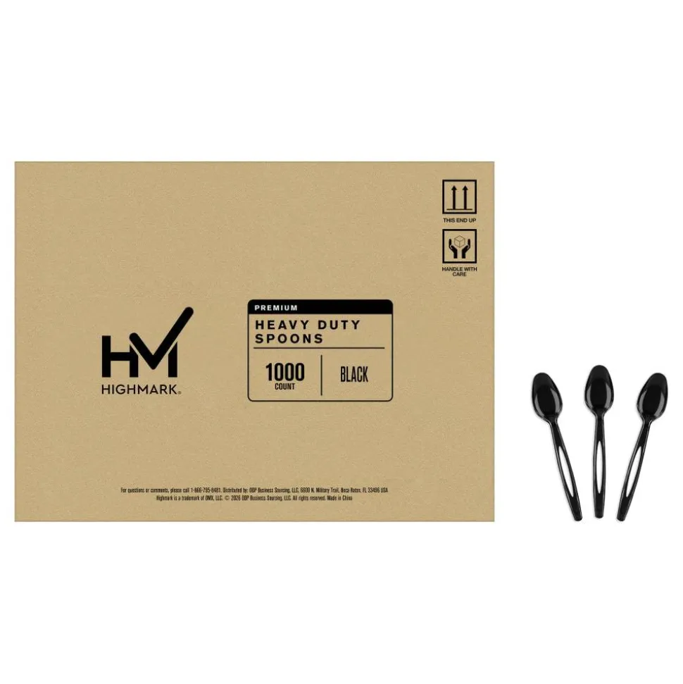 Highmark Plastic Utensils, Full-Size Spoons, Black, Box Of 1,000 Spoons