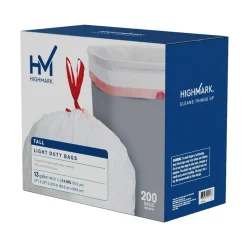 Highmark Tall 0.6 mil Drawstring Kitchen Trash Bags, 0.6 mil, 13 Gallon, 27.375" x 24", White, Box Of 200