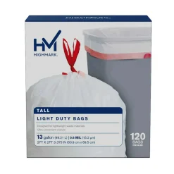 Highmark Tall 0.6 mil Drawstring Kitchen Trash Bags, 0.6 mil, 13 Gallon, 24" x 28", White, Box Of 120