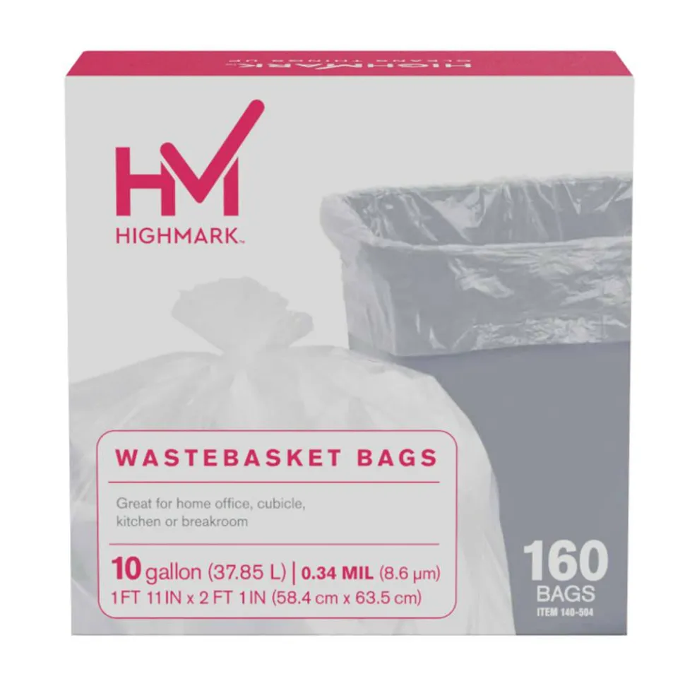 Highmark Wastebasket Trash Bags, 0.34 mil, 10 Gallon, Clear, Box Of 160 Bags