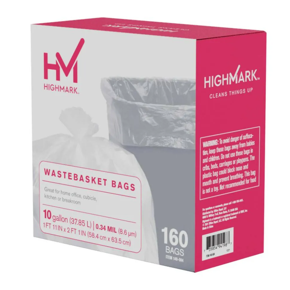 Highmark Wastebasket Trash Bags, 0.34 mil, 10 Gallon, Clear, Box Of 160 Bags