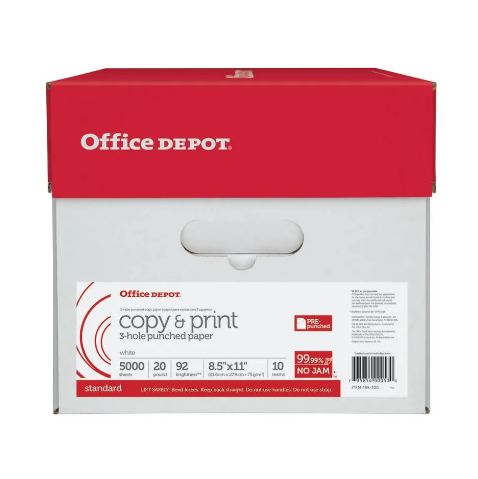 3-Hole Punched Multi-Use Printer & Copy Paper, White, Letter (8.5" x 11"), 5000 Sheets Per Case, 20 Lb, 92 Brightness