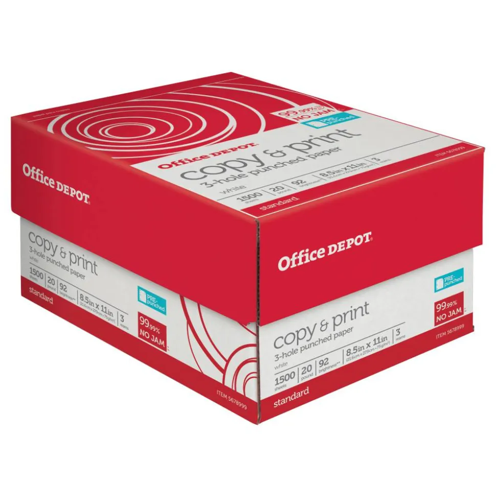 3-Hole Punched Multi-Use Printer & Copy Paper, White, Letter (8.5" x 11"), 1500 Sheets Per Case, 20 Lb, 92 Brightness