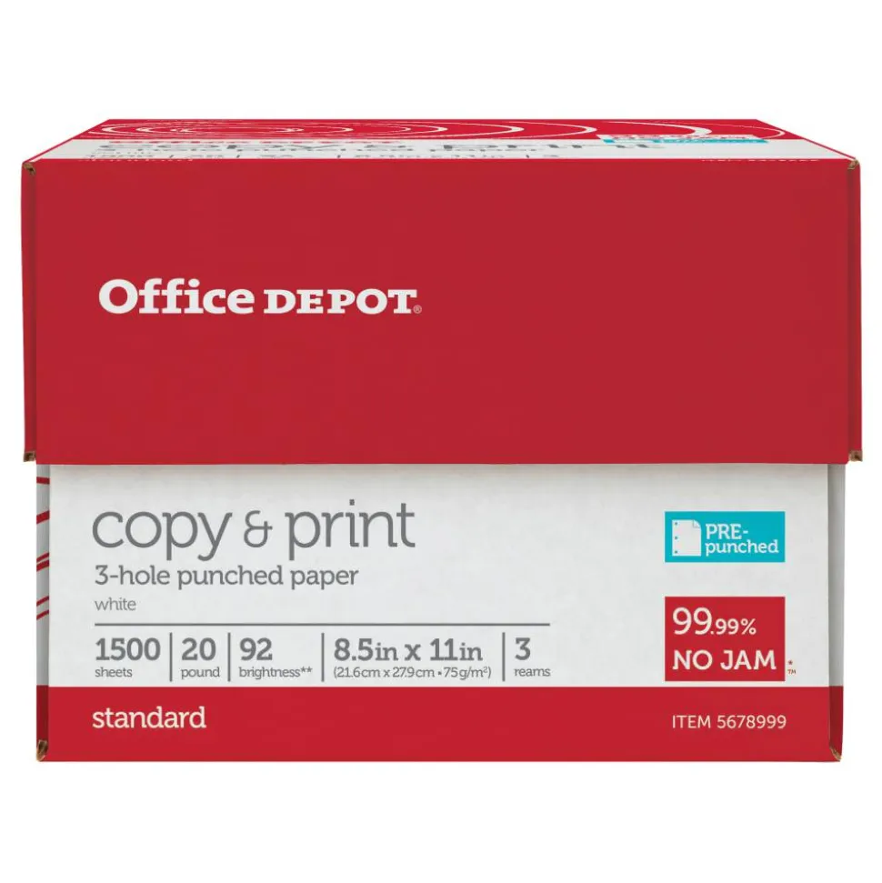 3-Hole Punched Multi-Use Printer & Copy Paper, White, Letter (8.5" x 11"), 1500 Sheets Per Case, 20 Lb, 92 Brightness