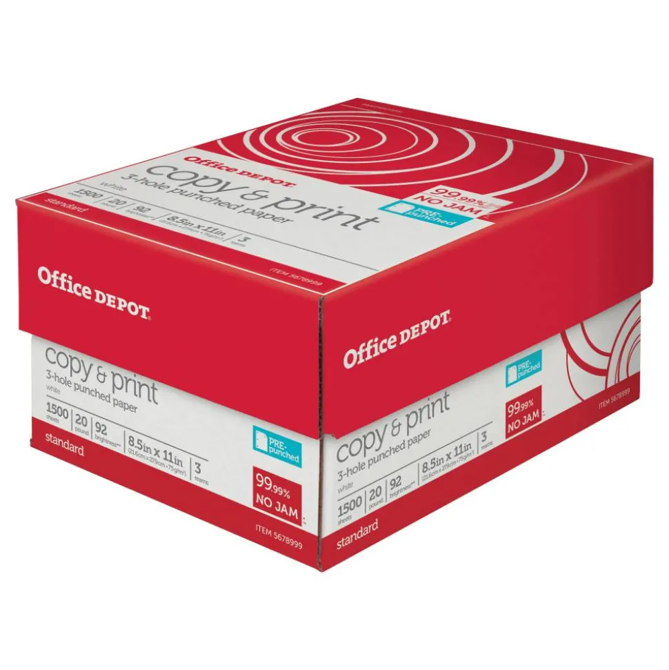 3-Hole Punched Multi-Use Printer & Copy Paper, White, Letter (8.5" x 11"), 1500 Sheets Per Case, 20 Lb, 92 Brightness