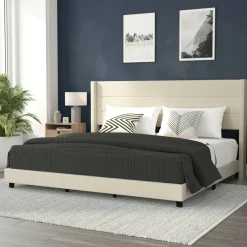 Hollis King Upholstered Platform Bed with Wingback Headboard, Mattress Foundation with Slatted Supports, No Box Spring Needed, Beige Faux Linen