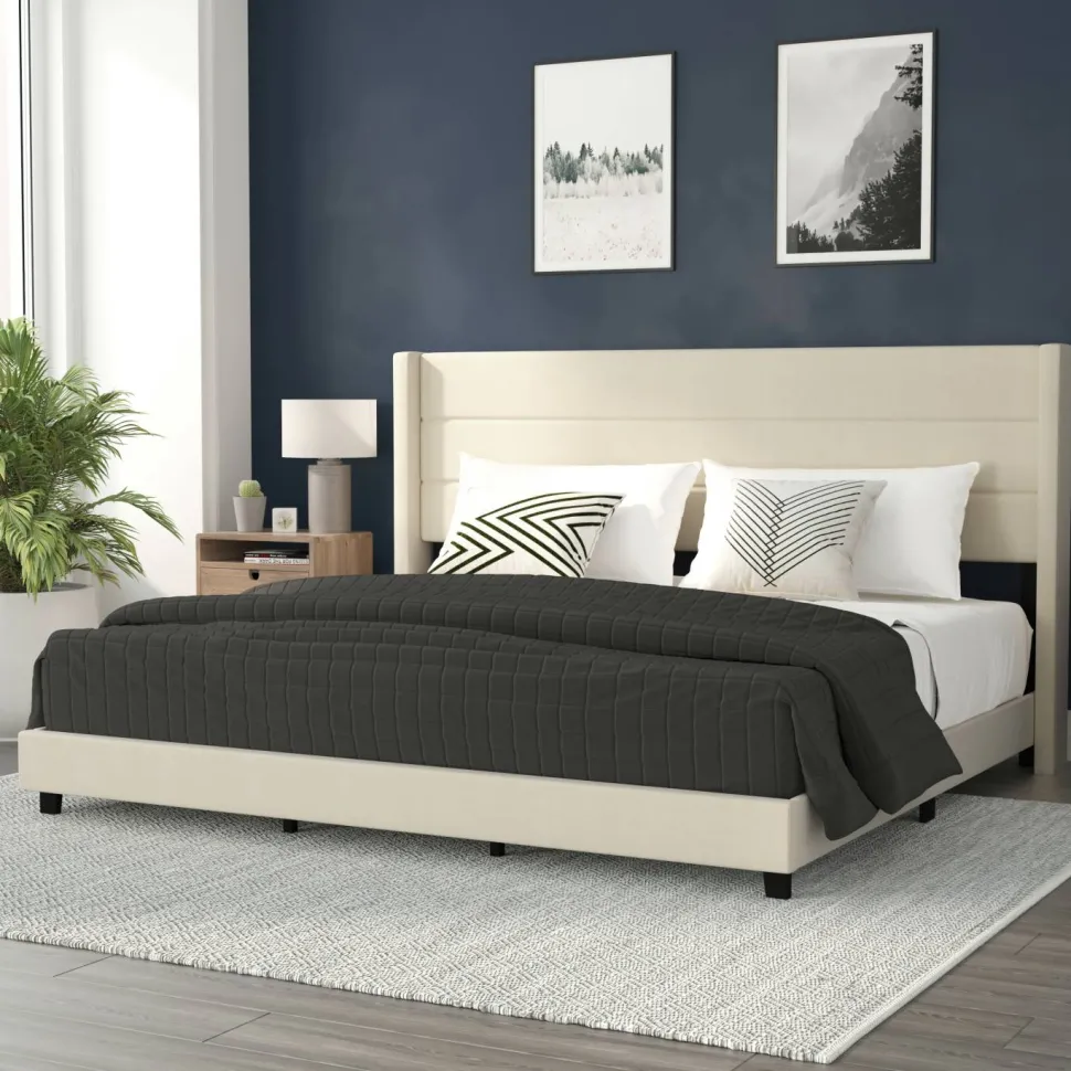Hollis King Upholstered Platform Bed with Wingback Headboard, Mattress Foundation with Slatted Supports, No Box Spring Needed, Beige Faux Linen
