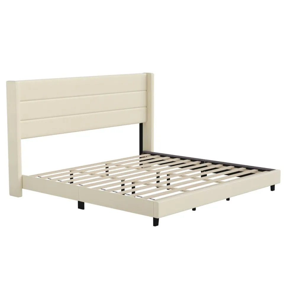 Hollis King Upholstered Platform Bed with Wingback Headboard, Mattress Foundation with Slatted Supports, No Box Spring Needed, Beige Faux Linen