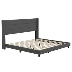Hollis King Upholstered Platform Bed with Wingback Headboard, Mattress Foundation with Slatted Supports, No Box Spring Needed, Charcoal Faux Linen