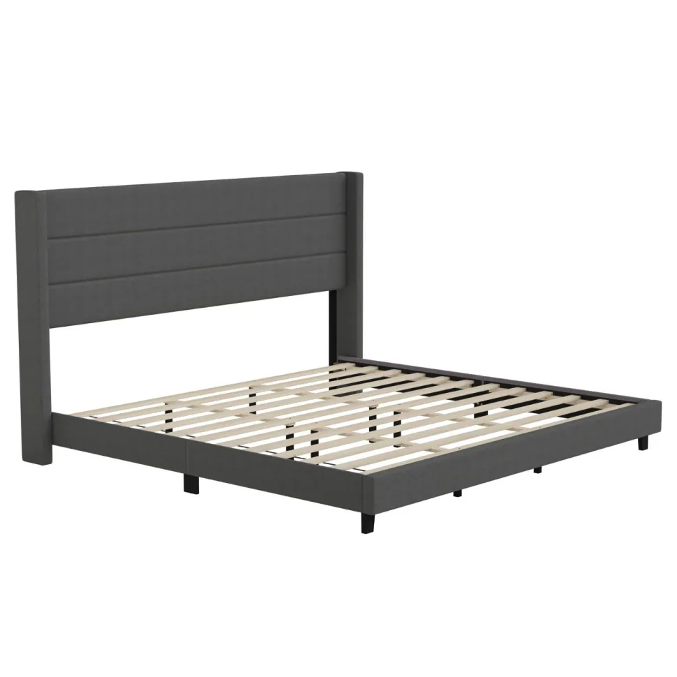 Hollis King Upholstered Platform Bed with Wingback Headboard, Mattress Foundation with Slatted Supports, No Box Spring Needed, Charcoal Faux Linen