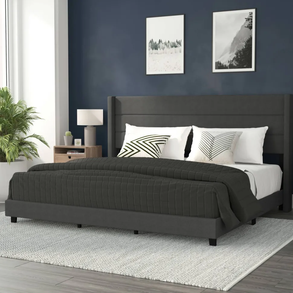Hollis King Upholstered Platform Bed with Wingback Headboard, Mattress Foundation with Slatted Supports, No Box Spring Needed, Charcoal Faux Linen