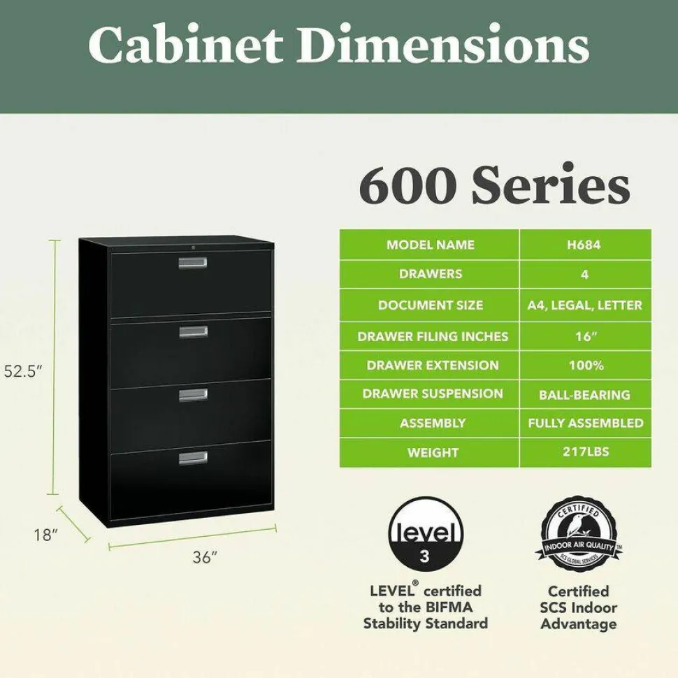 HON Brigade 600 36"W x 19-1/4"D Lateral 4-Drawer File Cabinet, Black