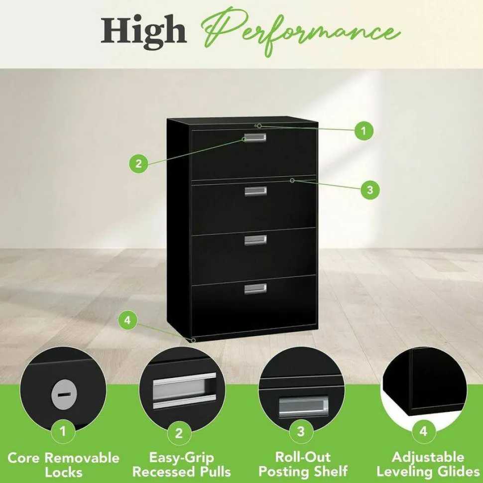 HON Brigade 600 36"W x 19-1/4"D Lateral 4-Drawer File Cabinet, Black