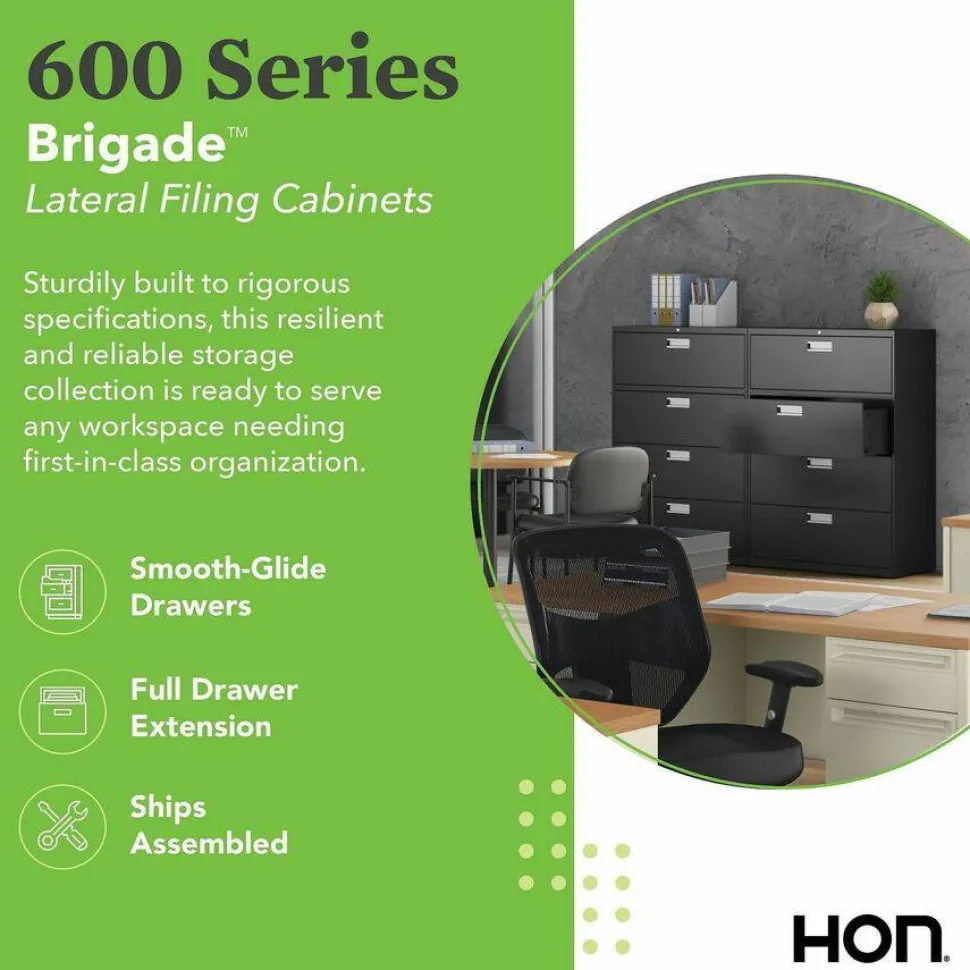 HON Brigade 600 36"W x 19-1/4"D Lateral 4-Drawer File Cabinet, Black