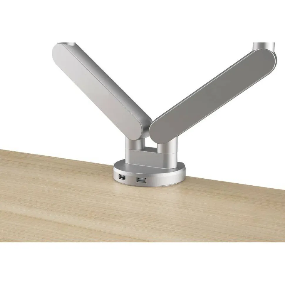 HON Dual Monitor Arm with USB, for 21" Monitors, 360 deg Rotation/Pan,+15 deg/-85 deg Tilt, Silver, Up to 19.8 lb