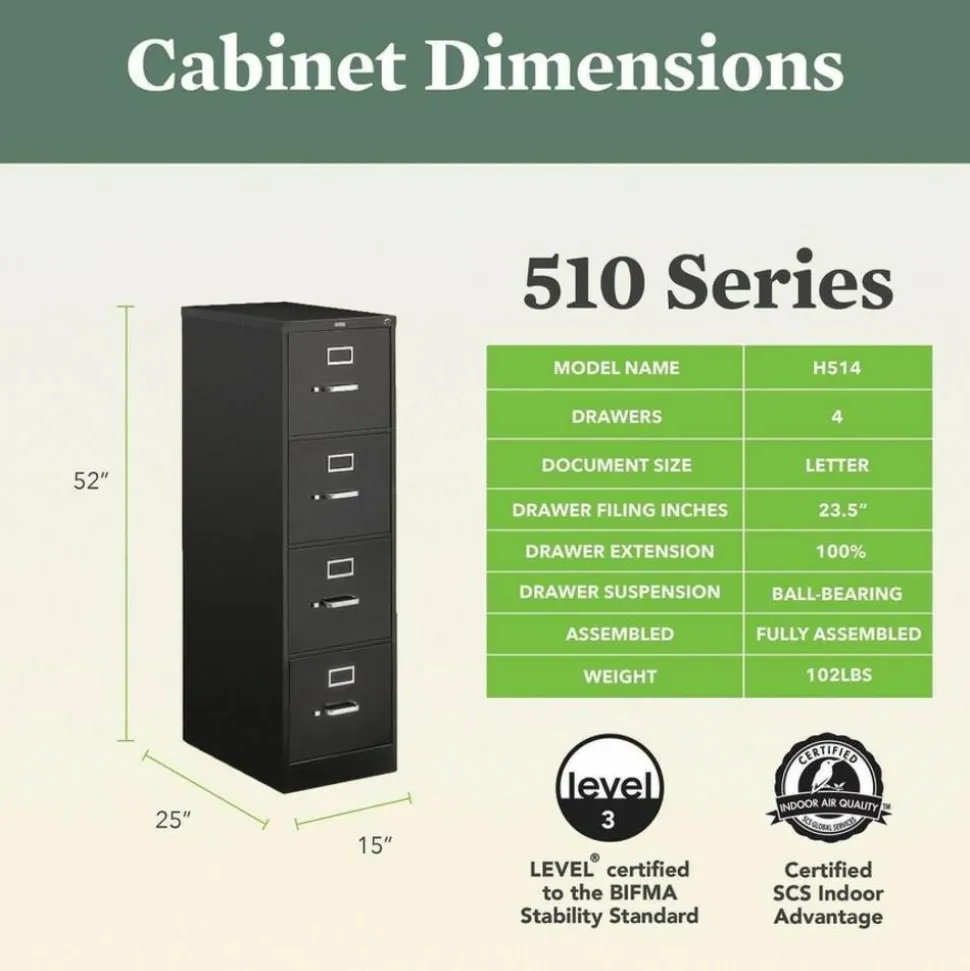 HON 510 25"D Vertical 4-Drawer File Cabinet, Black